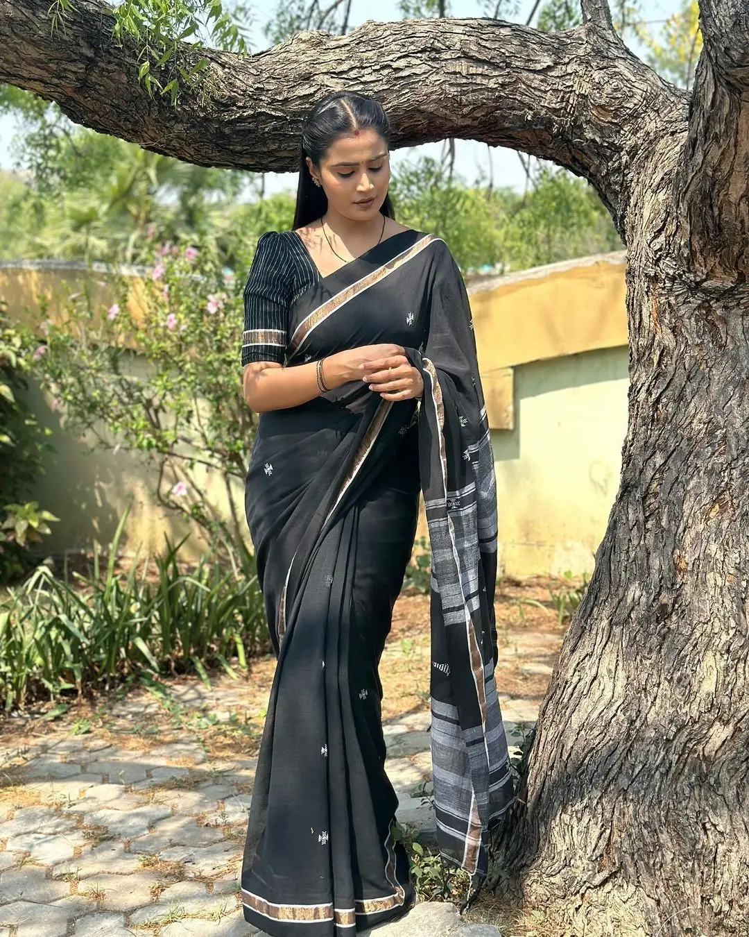 Indian Girl Kavya Shree In Traditional Black Saree Blouse